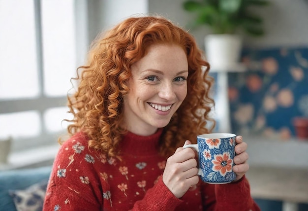 eine Frau mit roten Haaren, die eine Tasse Kaffee hält