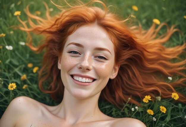 eine Frau mit roten Haaren, die mit einem Lächeln auf ihrem Gesicht im Gras liegt