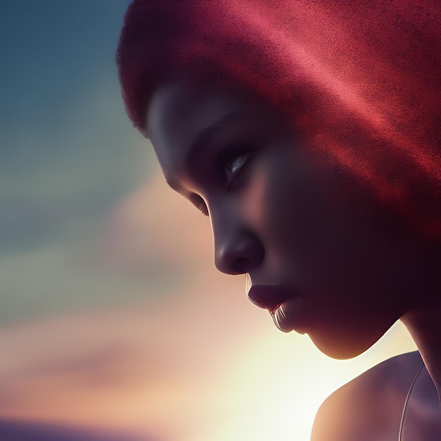 Eine Frau mit roten Haaren im Gesicht blickt in den Himmel.
