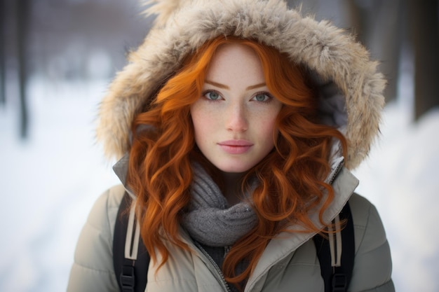 eine Frau mit roten Haaren im Schnee