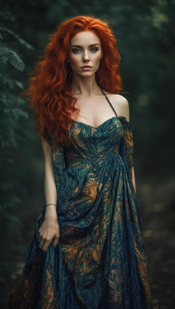 Eine Frau mit roten Haaren in einem blauen Kleid mit einem Muster aus Blättern auf der Unterseite