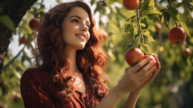 Eine Frau mit roten Haaren pflückt Äpfel von einem Apfelbaum