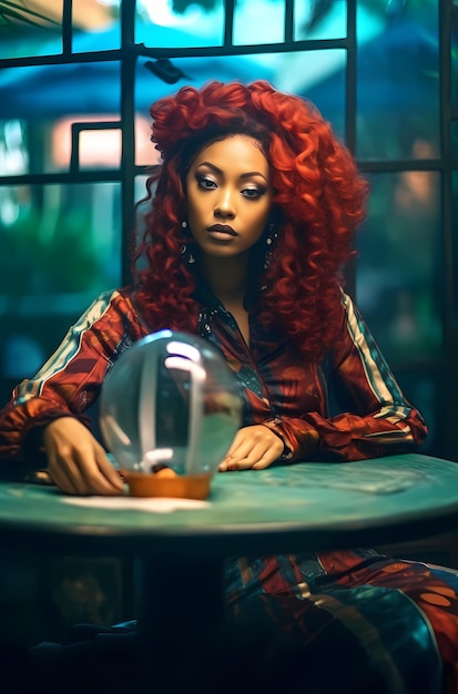 Eine Frau mit roten Haaren sitzt an einem Tisch vor einer Lampe mit der Aufschrift „Ich liebe dich“.