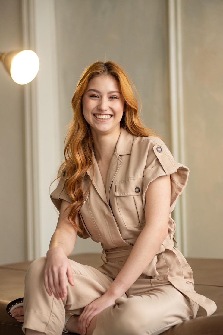 Foto eine frau mit roten haaren sitzt auf einem bett