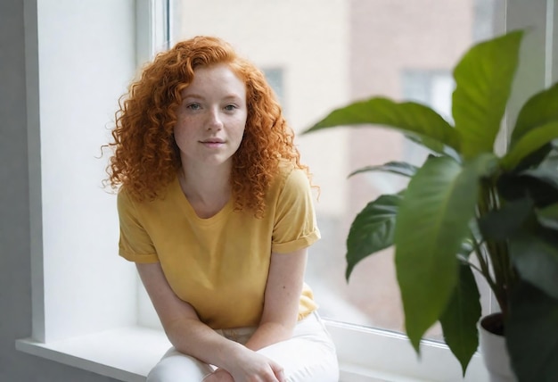 eine Frau mit roten Haaren sitzt auf einem Fensterbrett