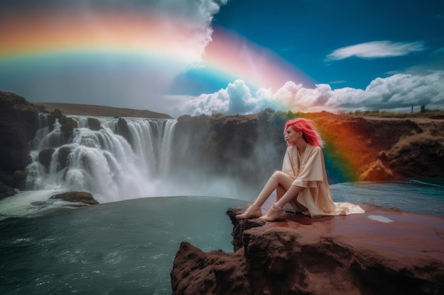 Eine Frau mit roten Haaren sitzt auf einer Klippe vor einem Regenbogen.