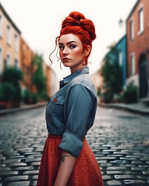 Eine Frau mit roten Haaren steht auf einer Kopfsteinpflasterstraße.