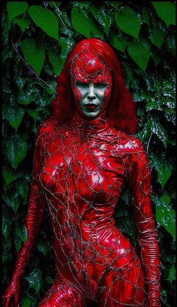 eine Frau mit roten Haaren steht in einem Wald mit rotem Gesicht.