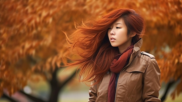 Eine Frau mit roten Haaren steht vor einem Baum mit Herbstblättern im Hintergrund.