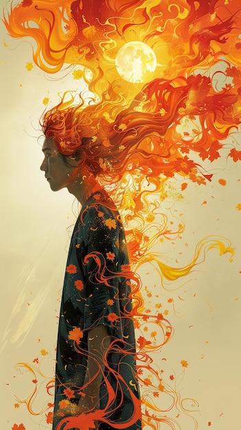 eine Frau mit roten Haaren steht vor einem Feuer, das orangefarbene und rote Sprays hat