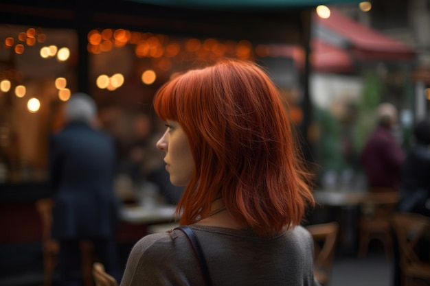 Eine Frau mit roten Haaren steht vor einem Restaurant.