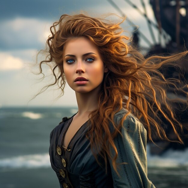 eine Frau mit roten Haaren steht vor einem Schiff.