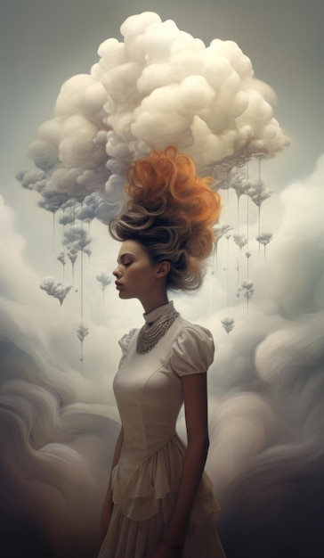 Eine Frau mit roten Haaren steht vor Wolken