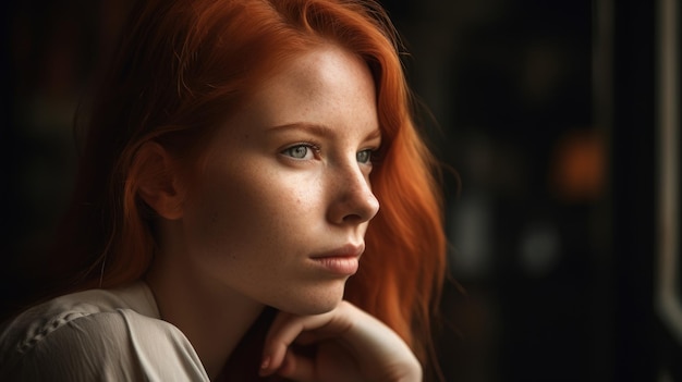 Eine Frau mit roten Haaren und blauen Augen blickt in die Ferne