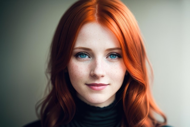 Eine Frau mit roten Haaren und blauen Augen schaut in die Kamera.
