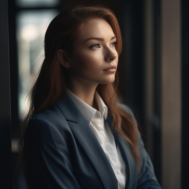 Eine Frau mit roten Haaren und blauen Augen steht vor einem Fenster.