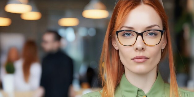 Foto eine frau mit roten haaren und brille in einer geschäftsumgebung