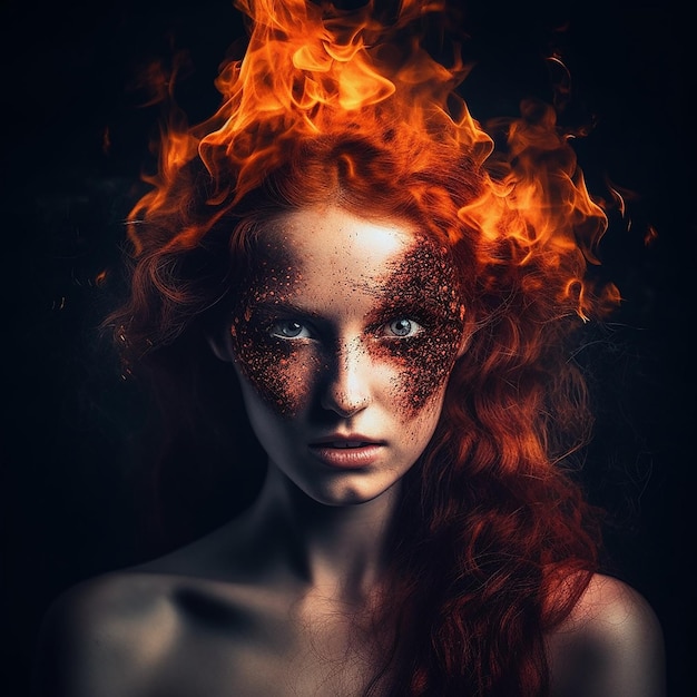 Eine Frau mit roten Haaren und einem Feuer auf dem Kopf