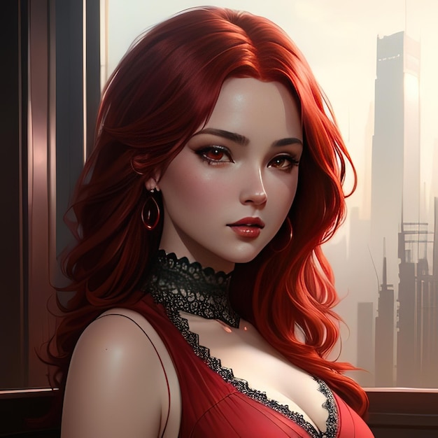 Eine Frau mit roten Haaren und einem roten Kleid schaut aus dem Fenster.