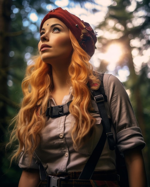 eine Frau mit roten Haaren und einem Rucksack im Wald