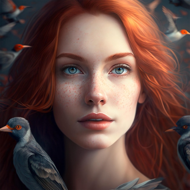 Eine Frau mit roten Haaren und einem Vogelschwarm