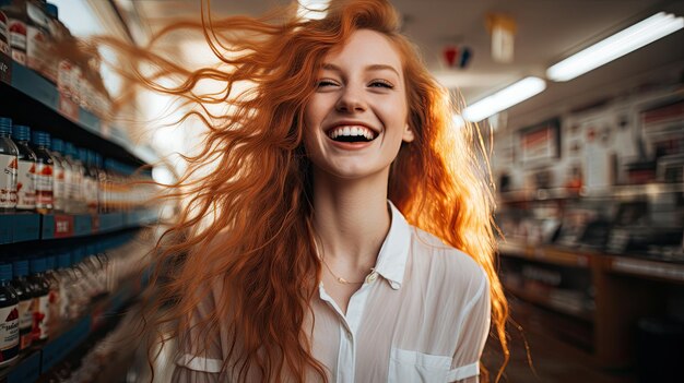 eine Frau mit roten Haaren und einem weißen Hemd mit einem Lächeln, das lächelt