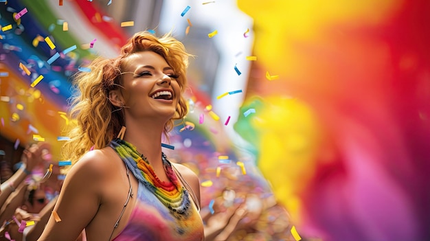 Eine Frau mit roten Haaren und regenbogenfarbenen Haaren lächelt und lächelt.