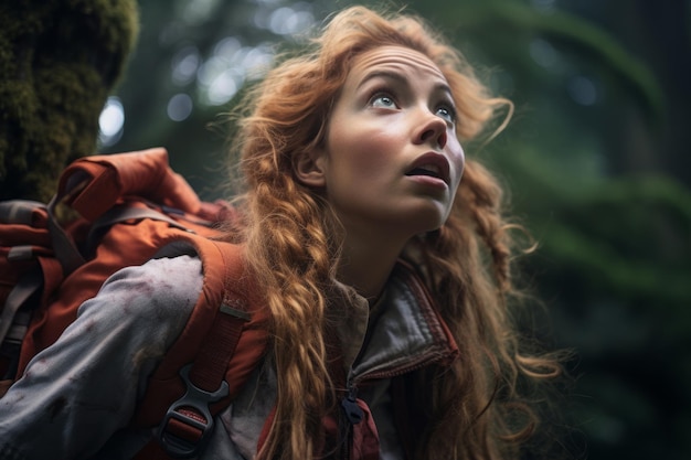 Foto eine frau mit roten haaren und rucksack schaut im wald nach oben