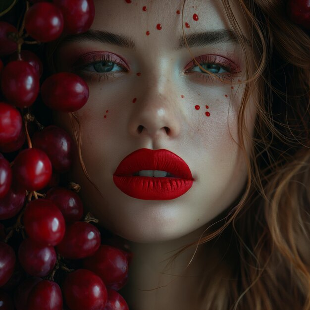 Foto eine frau mit roten lippen hält einen traubenstamm nahe am gesicht. wassertröpfchen auf trauben verleihen frische.