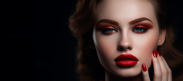 Eine Frau mit roten Lippen und blauem Augen-Make-up