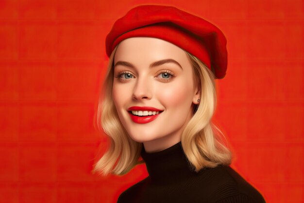 Eine Frau mit roter Baskenmütze und rotem Hut