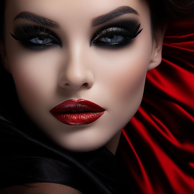 eine Frau mit roter Lippe und schwarzem Lidschatten im Gesicht.