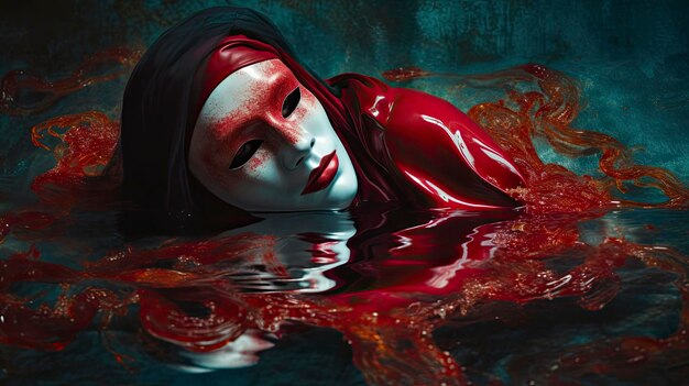 Eine Frau mit roter Maske schwimmt in einem Wasserbecken.