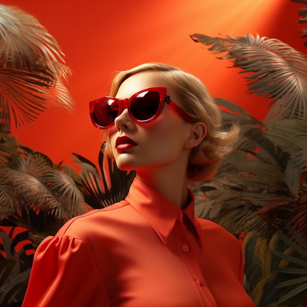 Eine Frau mit roter Sonnenbrille und einem tropischen Hintergrund