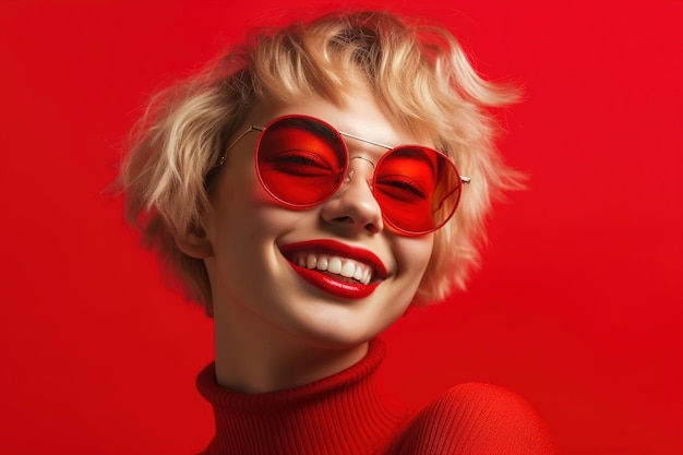 Eine Frau mit roter Sonnenbrille und roten Linsen