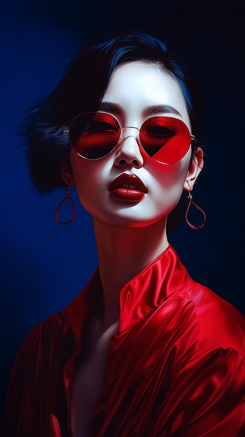 Eine Frau mit roter Sonnenbrille und roter Brille
