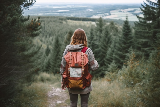 Eine Frau mit Rucksack geht einen Hügel hinunter