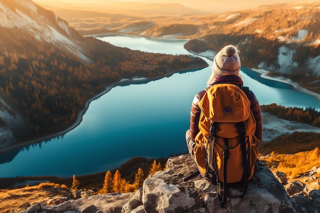 Foto eine frau mit rucksack sitzt auf einem berggipfel und blickt auf einen see.