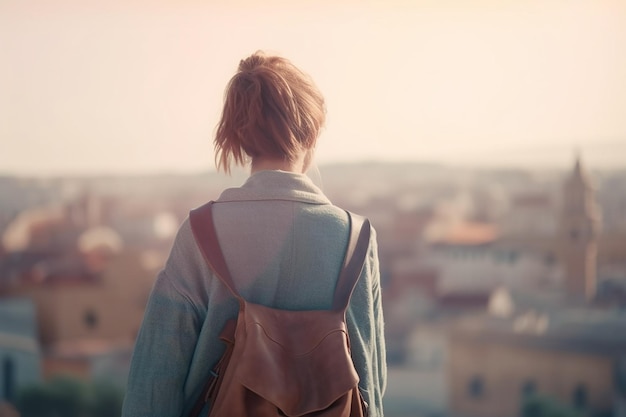 Eine Frau mit Rucksack steht auf einem Balkon mit Blick auf eine Stadt.