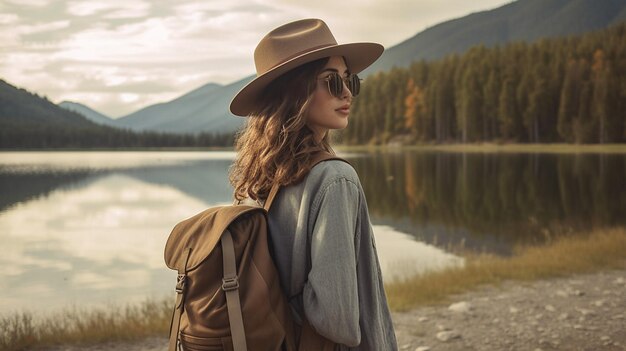 Eine Frau mit Rucksack steht vor einem See