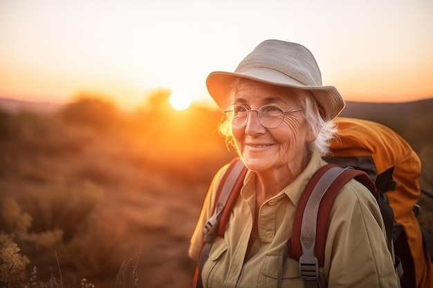 Eine Frau mit Rucksack und Brille betrachtet den Sonnenuntergang