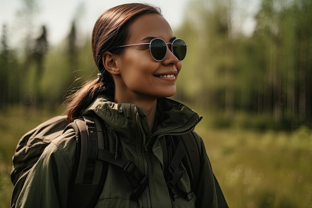 Eine Frau mit Rucksack und Sonnenbrille lächelt Generative Ai