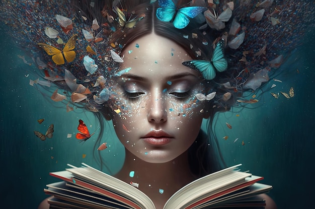 Eine Frau mit Schmetterlingen auf dem Kopf, die ein Buch liest