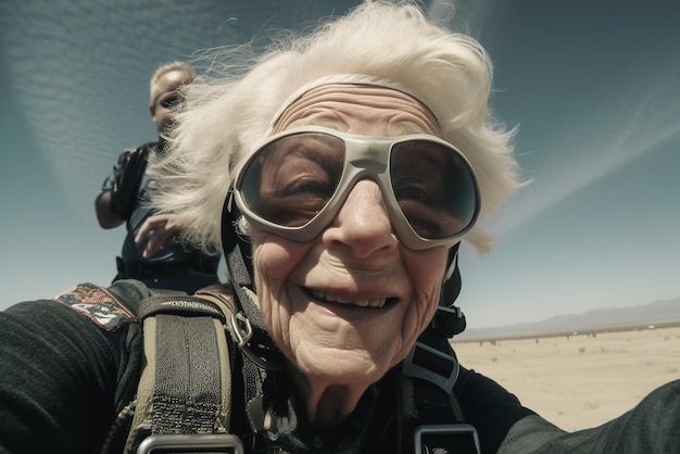 Eine Frau mit Schutzbrille und ein Fallschirmspringer fotografieren eine Frau am Fallschirm.