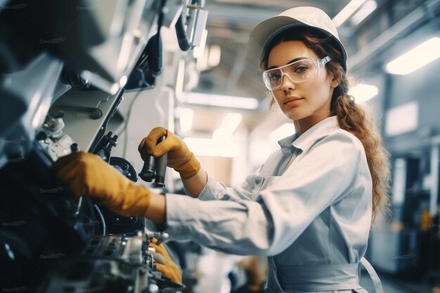 Eine Frau mit Schutzhelm bedient eine Maschine mit Helm und Handschuhen.