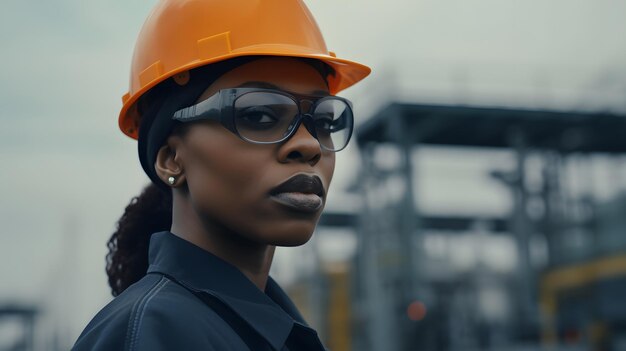 Eine Frau mit Schutzhelm und Brille steht vor einer Fabrik.