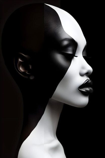 Eine Frau mit schwarz-weißem Make-up und einem schwarz-weißen Gesicht.