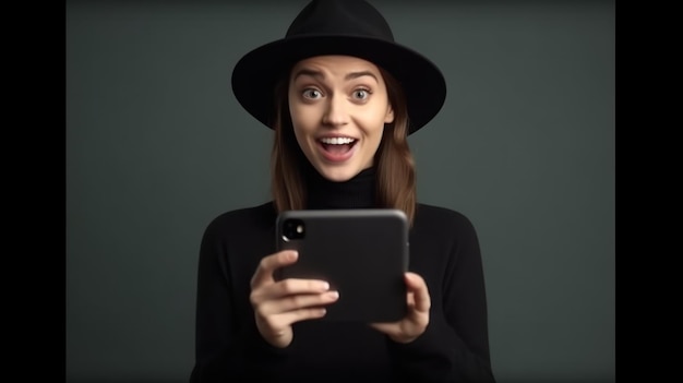 Eine Frau mit schwarzem Hut hält ein Tablet mit der Aufschrift „smart“ in der Hand.