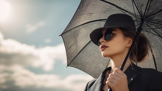 Eine Frau mit schwarzem Hut und Sonnenbrille hält einen Regenschirm.