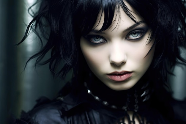 eine Frau mit schwarzen Haaren und blauen Augen